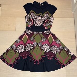 Ted Baker London Daywin Tapestry Skater Dress Navy Blue Pink - Size 1